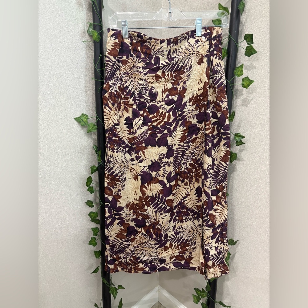 Y2K Sag Harbor Skirt Rayon Floral Brown Purple Beige Midi Boho Cottagecore